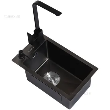 Мини-мивка на бара на терасата с един резервоар, Кухненски мивки от неръждаема стомана 304, черен Нано-дебели мивка, кухненски прибори-мивки F
