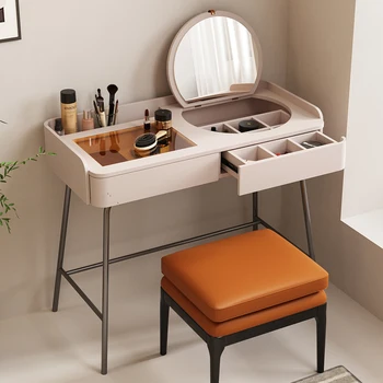 Тоалетка с огледало и табуретка за съхранение: Универсален бюро, огледало дизайн с панти капак, табуретка от масивно дърво