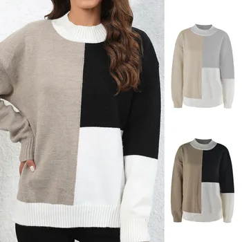 Случайни асиметричен вязаный пуловер оверсайз в стил мозайка, пуловер за жени