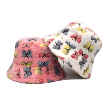 Нова зимна плюшен панама, дамски топло рибарска шапка от изкуствена кожа, Модни панама с пеперуда, женски ветроупорен шапки за жени