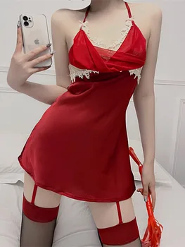 Зрял червен Елегантна Секси лейси обещаваща Привлекателна пижама с отворен гръб, однотонное женствена рокля за дома с висулки BIYU