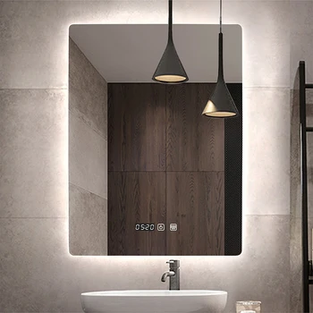 Правоъгълно Огледало за баня с индукция на човешкото тяло + Bluetooth + 3 цветни светодиода + Димер + Защита от замъгляване + Показване на време/температура Тоалетен огледало