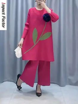 Жена Плиссированный комплект от две части на Miyake 2023, Пролетта и есента Обикновен Декоративен Топ с флорални принтом и дълги ръкави + Широки панталони