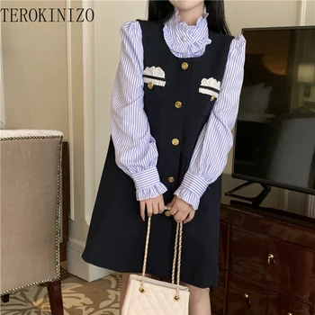 TEROKINIZO/ Женски комплект от две части в елегантен стил, риза райе с модел за Консумация на дървени гъбички, обличане на копчета, на Новост, Комплекти от 2 теми, Жена