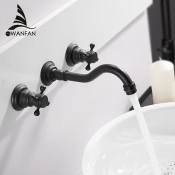 Смесители за мивка Стенен монтаж на Месинг Смесител за мивка в банята, 3 бр., черен смесител, смесители за мивка с двойна дръжка, WF-11088