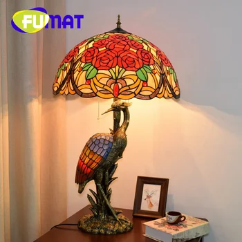Настолна лампа от витражного стъкло FUMAT Тифани в ретро стил арт-деко, хол, трапезария, хотелски маса, спалня, настолна лампа Rose art crane