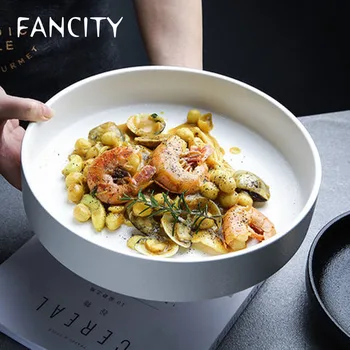FANCITY Проста керамична чиния в европейски стил в западен стил, кръгла дълбока чиния, чиния за супа, чинията за риба, купа за десерт, чиния за салата, десерт плоча