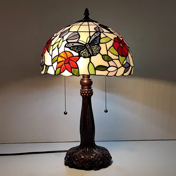 LongHuiJing 12-Инчов Европейския цветен Лампион от витражного стъкло, настолни лампи със стъклен абажуром Тифани настолни лампи с основа от с сплав