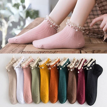 Новата пролетно-есенни чорапи за жените, корейската версия, универсални японски дантелени чорапи с перли, Calcetines Mujer Chaussette Femme