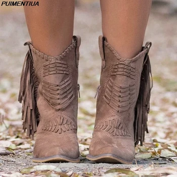 Каубойски ботуши в западен стил с пискюли PUIMENTIUA за жени, Кожени Каубойски ботуши за момичета, Обувки на ниски обувки, зимни обувки Zapatos De Mujer