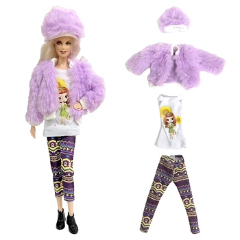 Официален комплект за кукли NK, 4 предмета, благородно лилава козина + риза с шарени семки + панталони в етнически стил за аксесоари на куклата Барби