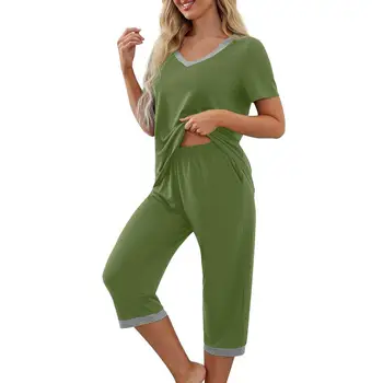 Мека дамска пижама, стилен пижамный комплект от 2 теми, Контрастен цвят, V-образно деколте, Без приятелка, Скъсяване на панталони с еластичен ластик на талията, Лятно спално бельо за дами