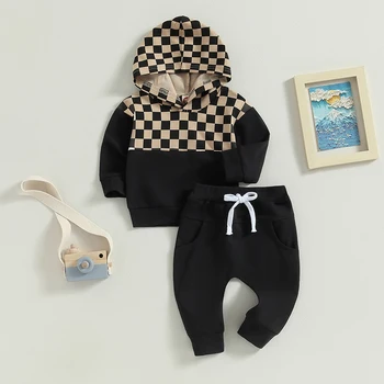 Комплект дрехи за новородени момчета, есен облекло, hoody с качулка и панталони в стил мозайка с изображение, в шахматна дъска модел, 2 бр. Комплект, костюми за деца