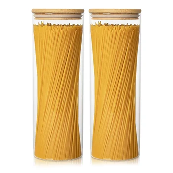 Стъклени Съдове за съхранение на Кутии за Спагети с височина 2 71 грама с Бамбукови капаци - Кухненски Съдове за съхранение на тестени изделия