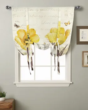 Реколта Цветя, Пеперуди, Жълти Лалета Кухня Къс Завеса На прозореца Модерен Начало Декор Малък прозорец Римските Завеси на Експозиции