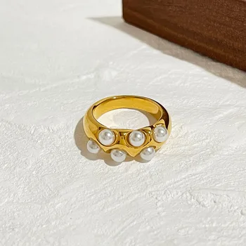 Модни имитация на перли с пръстени от неръждаема стомана за жени, позлатените кръгла масивна халка на пръста, бижута във френски стил