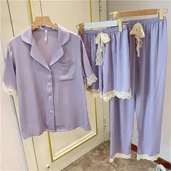 Секси Лейси пижама в стил мозайка, костюм за жени, Комплект от три елемента, Пижами, Луксозна риза с пайети, къси панталони и панталони, спално бельо, Облекло за почивка