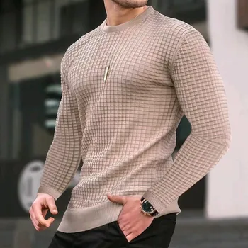 Мъжки ежедневни тениска в клетката 2023, градинска дрехи с Кръгло деколте, обикновена тениска с дълъг ръкав за мъже, дишаща луксозна hoody