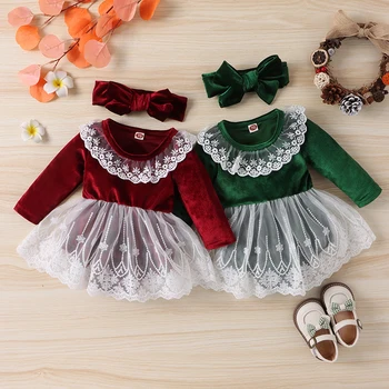 Коледна дрехи за малките момичета, Red Velvet, гащеризон с дълъг ръкав, рокля-превръзка на главата за новородено, Коледен костюм, Коледна дрехи за Деца