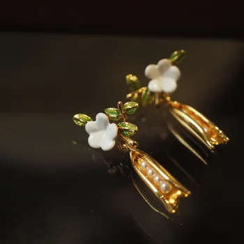 Нишевый грахова шушулка, китайски обеци с перли в ретро стил с емайл
