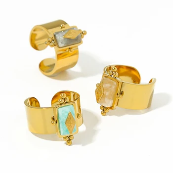 WILD & FREE 14К Злато пръстени от неръждаема стомана с естествен камък за жените, Реколта Луксозни Регулируеми Широки пръстени, Водоустойчив бижута
