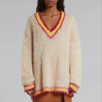 Жена вязаный пуловер от смесовой вълна с v-образно деколте и дълъг ръкав, без трикотажни изделия
