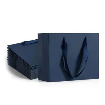 Луксозна Лента дръжка в европейски стил, Опаковки за пазаруване на бижута, Тъмно-синьо Лого, Подаръчни торбички от крафт-хартия с дръжки
