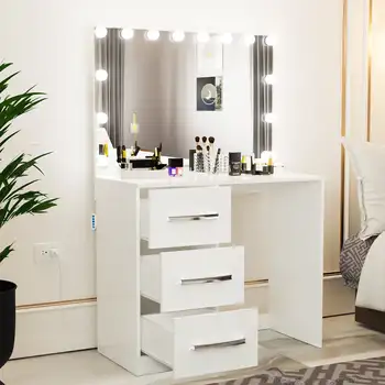 Ember Интериори Ава Pro Модерен Тоалетка с огледало, електрически Крушки, 3 чекмеджето на кутията, Огледало, изпълнен в бял цвят за Спалня
